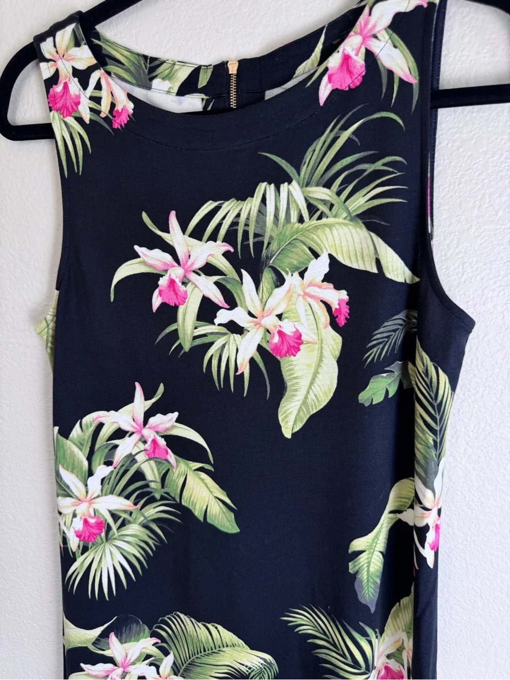 Tommy Bahama M Black Tropical Floral Shift Dress Sleeveless Knee Zip Stretch - Picture 2 of 12
